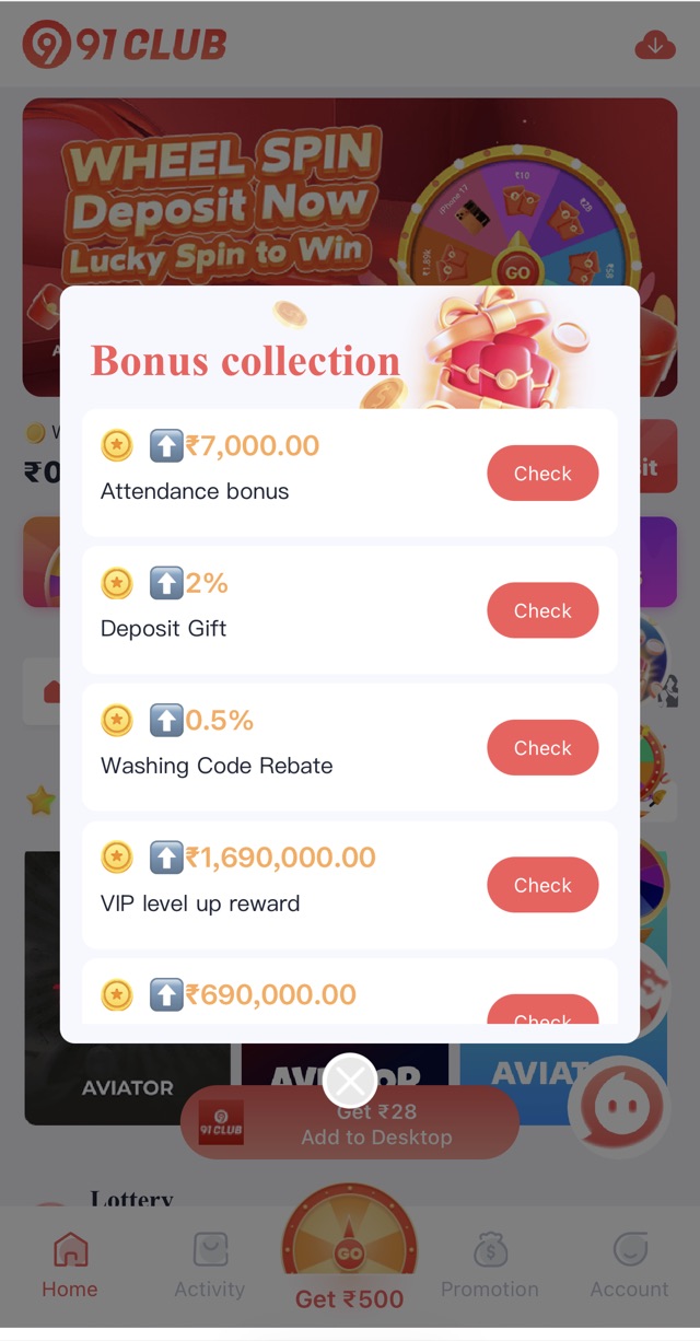 91club bonus collection screen listing attendance and deposit rewards