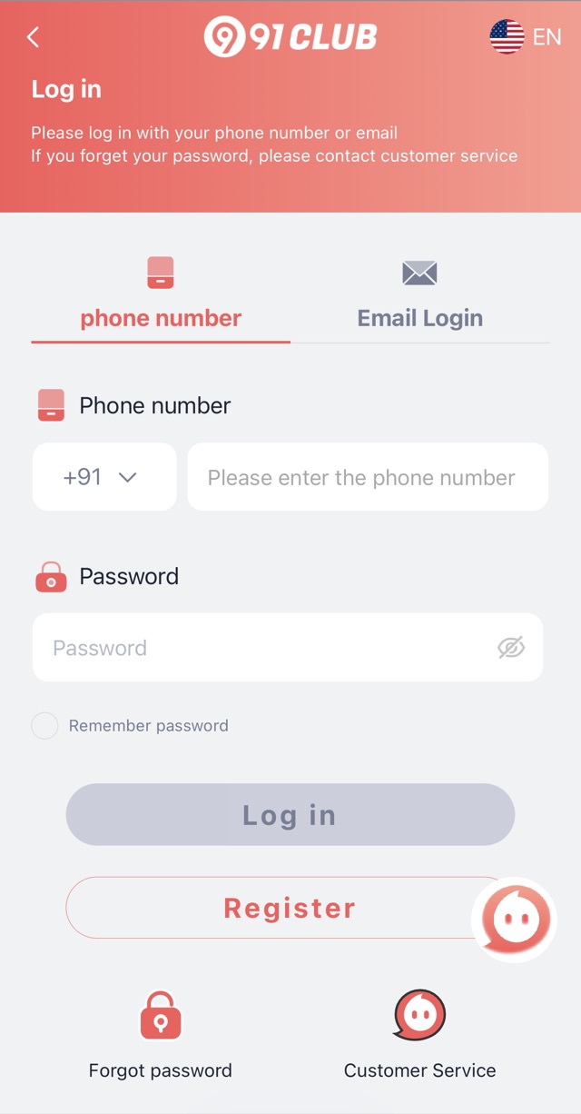 91club login screen with phone number and password fields