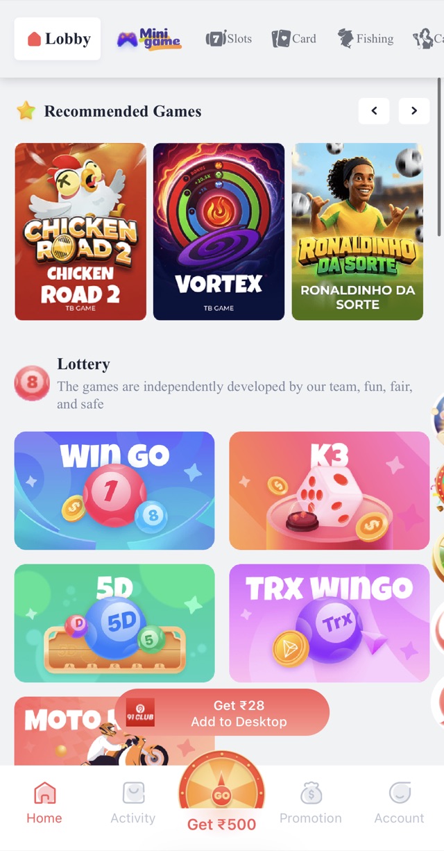 91club lottery games lobby featuring Win Go, K3, 5D and TRX Wingo