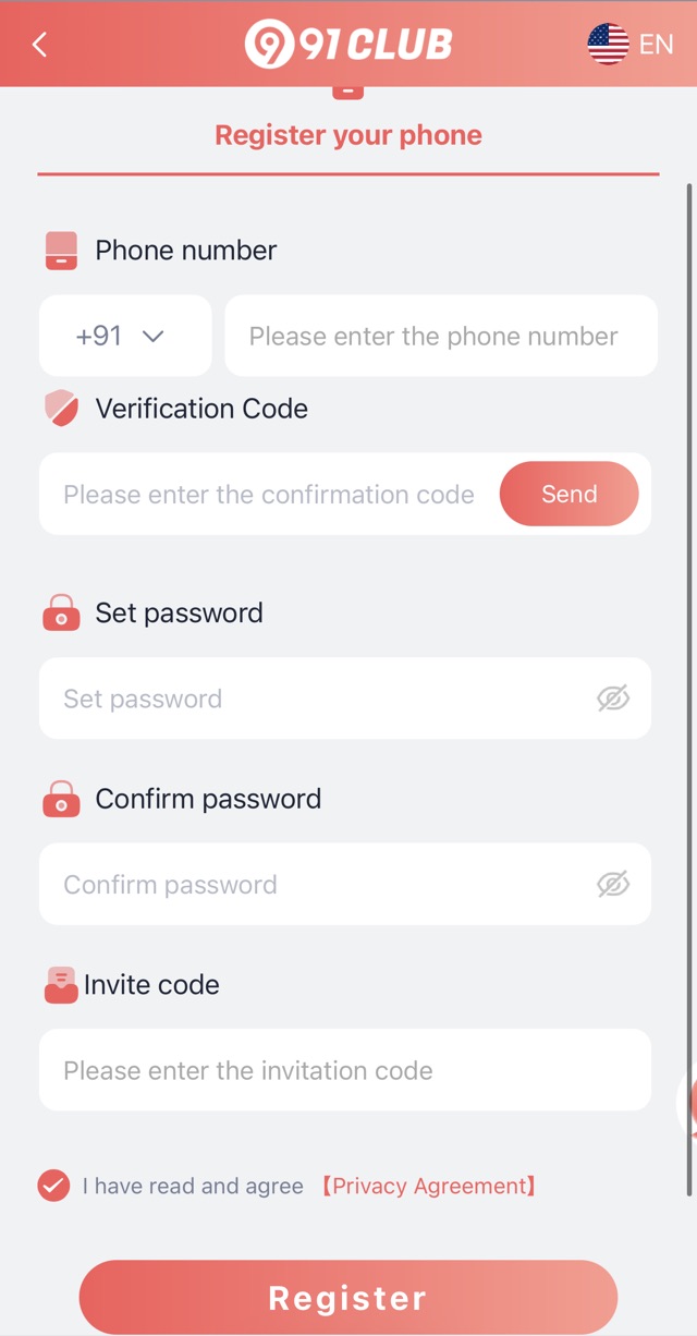 91club register screen for creating a new account with an optional invite code