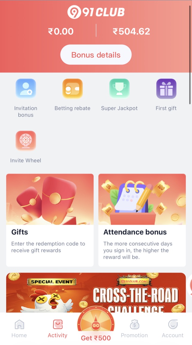 91club rewards activity center with gifts and attendance bonus