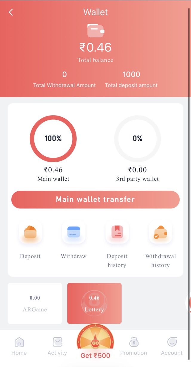 91club wallet overview screen showing the main wallet balance after installing the app