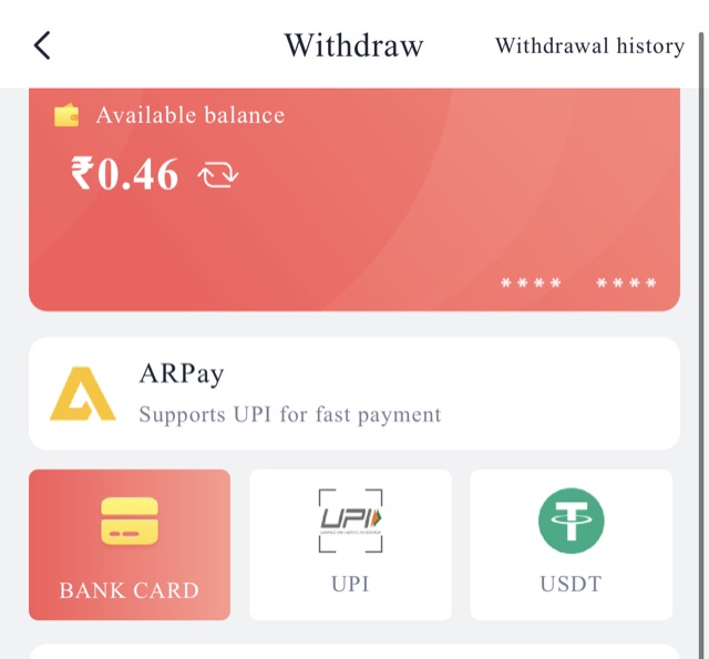 91club withdraw screen showing bank card, UPI and USDT options